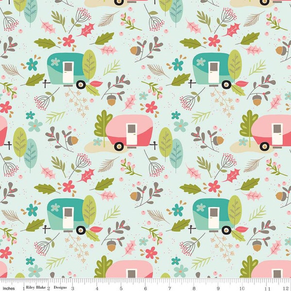 Camper fabric, Vintage Camper fabric, Vintage Trailers, Camping fabric, Riley Blake fabric, mint floral, 100% cotton fabric, Glamping fabric