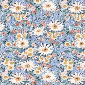 Blue Floral, white flowers, Dear Stella, DCJ2566, Digital Print, Daisy, cotton fabric, Blue Flowers,