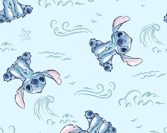 May include: Light blue pattern featuring the character Stitch from Lilo & Stitch. The design includes Stitch in various poses, along with waves, seagulls, and starfish. The overall theme is a playful, cartoon style.