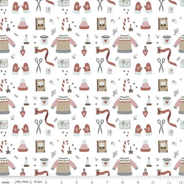 Christmas fabric, Warm Wishers, white winter wear, sweaters mittens fabric, winter wear fabric, white Christmas fabric, Riley Blake,