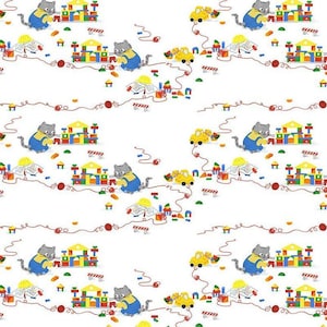 May include: A repeating pattern featuring cartoon cats in blue overalls and yellow construction hats, building with colorful blocks. Yellow toy trucks, blueprints, and red balls are also scattered across the white background.