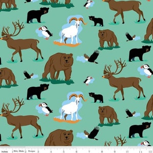 Wildlife fabric, Seafoam fabric, teal animal fabric, Riley Blake fabric, bear fabric, deer fabric, elk fabric, quilting fabric, sewing