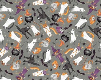 Halloween cats, Gray Halloween fabric, Scaredy Cat, Windham fabric, 53533-1, Grey Trick or Treat, Nap in Peace, cats spiders, ghosts bats