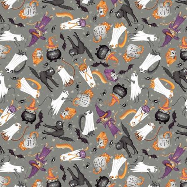 Halloween cats, Gray Halloween fabric, Scaredy Cat, Windham fabric, 53533-1, Grey Trick or Treat, Nap in Peace, cats spiders, ghosts bats