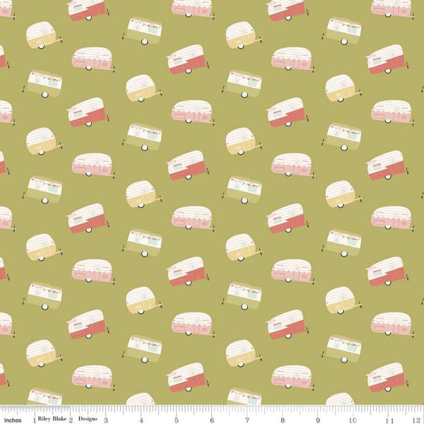 Camper fabric, Vintage Camper fabric, Vintage Trailers, Camping fabric, Olive green campers, Joy in the Journey,  100% cotton, Riley Blake,