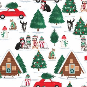 Christmas cats, Christmas Village White, 20756-WHT, 100 % cotton, Santa Paws, Christmas cats kittens, 3 Wishes, Christmas houses, Snowmen,