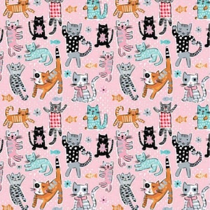 May include: A pink fabric with a repeating pattern of cartoon cats in various poses and colors. The cats are orange, black, gray, and pink, with some wearing clothes. Small fish are scattered throughout the design.
