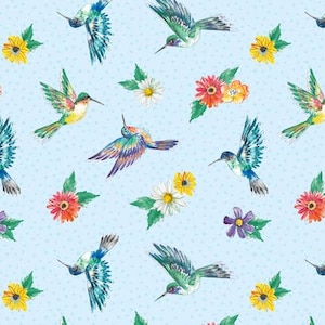 May include: A seamless pattern featuring colorful hummingbirds with iridescent wings and flowers on a light blue background with white polka dots.