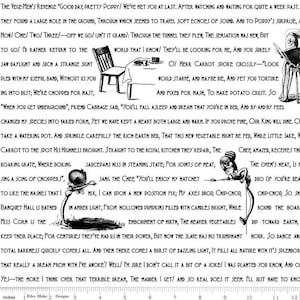 May include: Black and white fabric with text from "The Vege-Men's Revenge" poem. Includes illustrations of a table, chair, and a chef with a cleaver. The fabric is suitable for quilting and crafting.