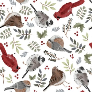 Tissu de Noël, oiseaux de Noël, Noël à la campagne, 3Wishes, feuillage des fêtes, oiseaux de houx, flyers festifs