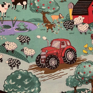 Farm fabric, cute farm fabric, cow chicken fabric, Fabric Traditions, quilting apparel cotton, barns tractors, chickens sheep, baby chicks,