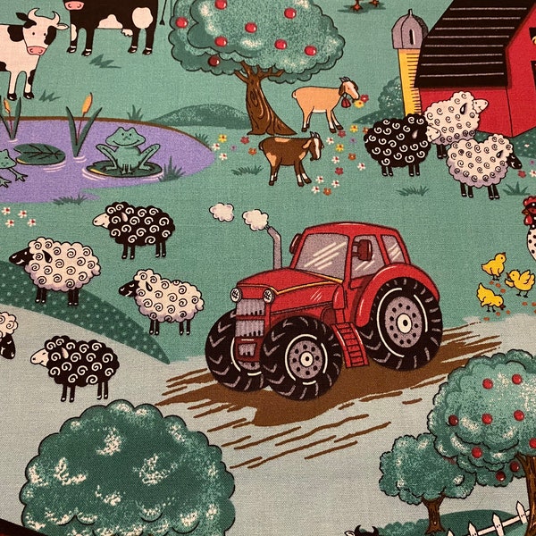 Farm fabric, cute farm fabric, cow chicken fabric, Fabric Traditions, quilting apparel cotton, barns tractors, chickens sheep, baby chicks,