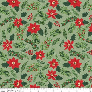 May include: A repeating pattern of red poinsettias, green holly leaves, and sprigs of red berries on a light green background. The design also includes green pine needles and small red berries, creating a festive holiday theme.