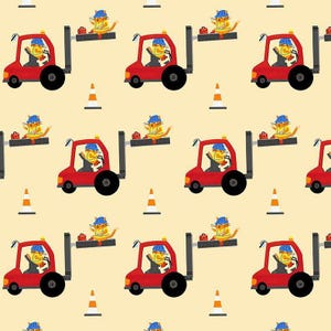 May include: A repeating pattern on a light yellow background featuring red forklifts operated by orange cats wearing blue hard hats and yellow safety vests. Each forklift carries a small red toolbox, and orange and white traffic cones are included.