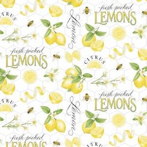 Lemon fabric, Fresh packed Lemons, lemon flowers, cotton quilting sewing, large Tossed Lemons, lemons  Words,  589-30, Henry Glass fabric,