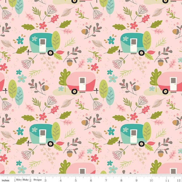 Camper fabric, Vintage Camper fabric, Vintage Trailers, Camping fabric, Riley Blake fabric, pink floral, 100% cotton fabric, Glamping fabric