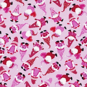 Valentine Fabric, Valentine Gnomes, Hi Fashion fabric,  Gnome fabric,  cotton quilting fabric, Heart C2649,  Pink  Gnomes