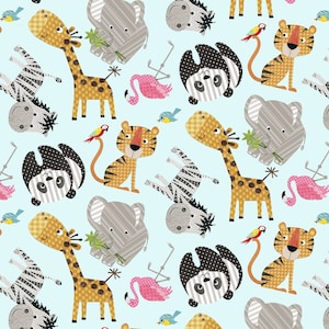 Animal fabric, At The Zoo,  6600-79 Multi, Tossed Zoo Animals, panda bears, tigers, Elephants, zebras, birds, blue animals. Studio E fabric