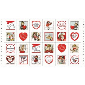 May include: A sheet of vintage Valentine's Day themed paper with 16 different designs. The designs feature hearts, cupids, and messages like "To My Valentine" and "Be My Valentine".