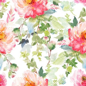 Peony Floral fabric, Victoria Peony fabric, multi tossed peony,  In The Beginning fabric, fabric, 100% cotton fabric, 4VIC 1, pink flowers,