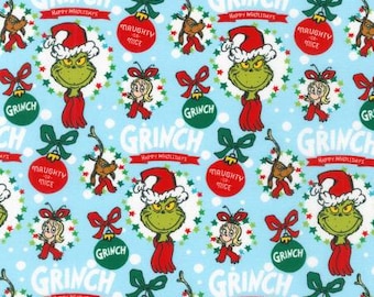 Grinch Fabric, Dr. Seuss Fabric, Christmas Fabric, Dr. Seuss Holiday, Robert Kaufman, How The Grinch Stole Christmas, blue ornaments,