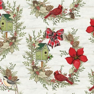 Christmas Fabric, Christmas Red birds, Cardinal Wreath, Christmas Cardinals, birds Houses, Springs Creative, Susan Winget fabric,