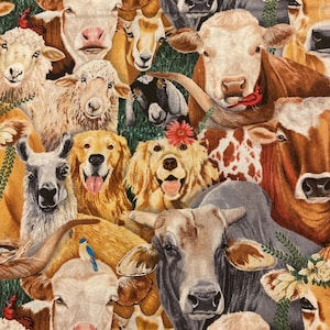 Animals farm fabric, cow sheep fabric, goats Dogs, Elizabeth's Studio, Happy Farm, 28001 multi, farm animals, 100% cotton,