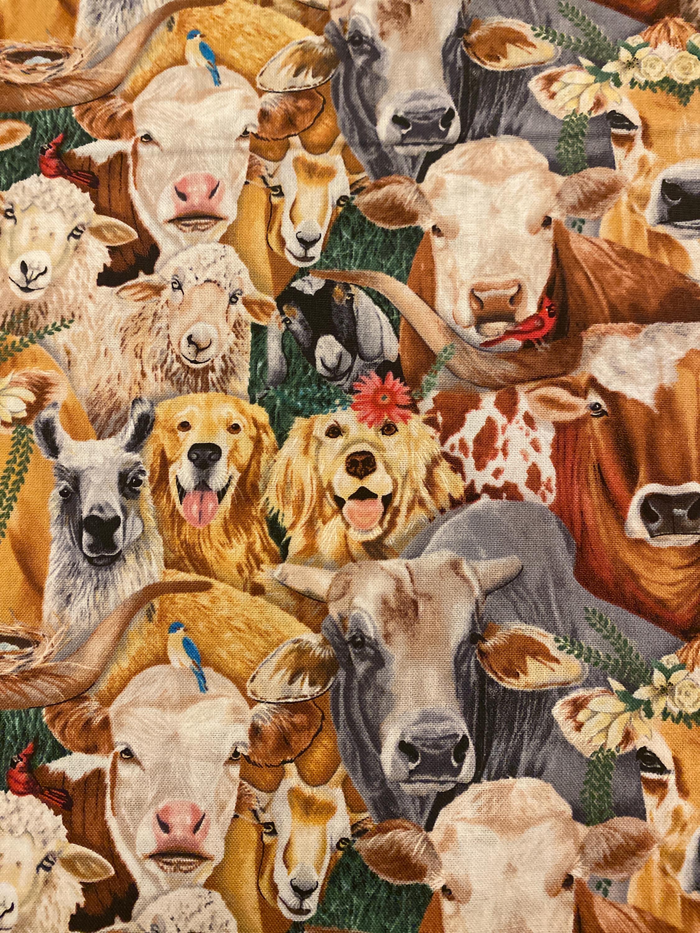 Animals farm fabric, cow sheep fabric, goats Dogs, Elizabeth's Studio, Happy Farm, 28001 multi, farm animals, 100% cotton,