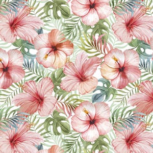May include: Watercolor pattern featuring pink hibiscus flowers and green tropical leaves. The design includes large, open hibiscus blossoms in varying shades of pink, interspersed with green monstera and fern leaves, all set against a white background.
