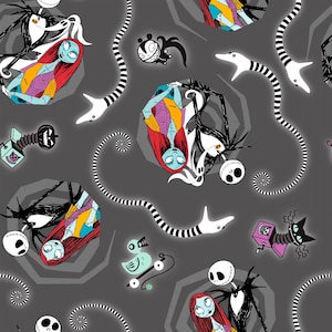 May include: A black and white repeating pattern featuring Jack Skellington and Sally from the Nightmare Before Christmas. The pattern includes a variety of other characters and objects from the film, including a black cat, a toy, and a duck.