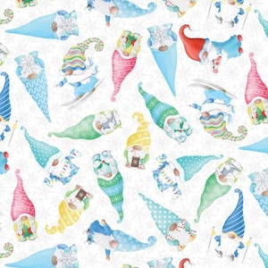 May include: A repeating pattern of whimsical gnomes in various poses and colors. The gnomes wear pointed hats and are depicted in shades of blue, green, pink, and yellow. Some gnomes are skiing, while others are holding gifts, all set against a white background.