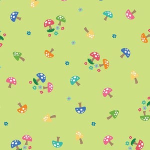 mushroom fabric, green  mushrooms, Kansas fabric,  cotton quilting sewing, Happy Campers, Woodland Mushrooms,