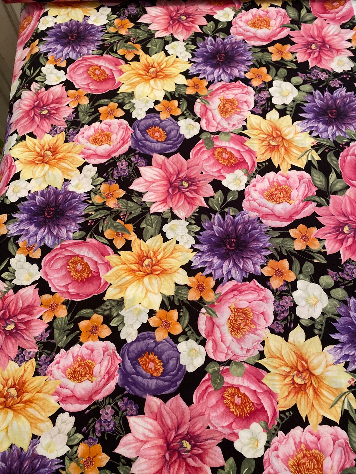 Black Floral Fabric Large Black Flowers Wilmington Prints Etsy