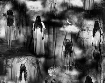 May include: A black and white digital art print featuring multiple figures in white dresses standing in a dark, foggy forest. The figures have long, flowing hair and appear to be ghostly.