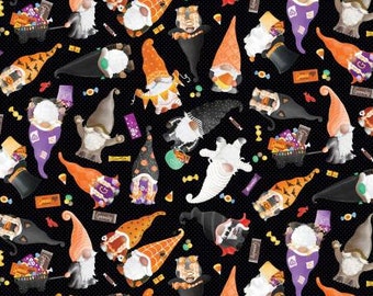 Halloween Gnomes, Halloween fabric, Gnomes for Halloween, Black Halloween Party Gnomes, Kansas Studios fabric,