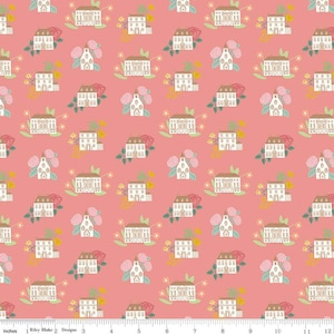 May include: A repeating pattern of white buildings with brown roofs and floral arrangements on a coral background. The design includes various building styles, including churches and mansions, with pink and red roses and yellow flowers.