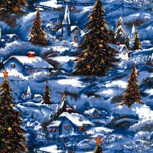 Christmas  fabric, Christmas village, winter White Christmas, fat quarter, 1/2 yard, or yard, cotton, Davids Textiles, snowy houses church