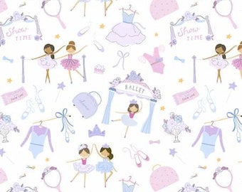 Ballerina fabric, dance fabric, ballet  fabric, quilting apparel, Dear Stella fabric, White Life Behind Barres, DS030824, White ballerina