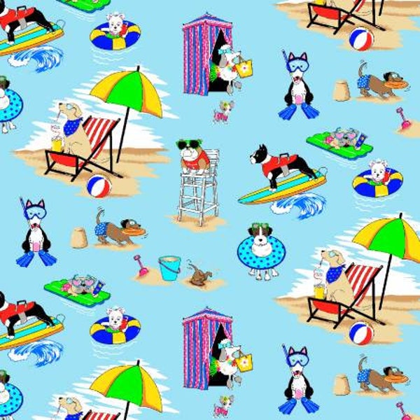 Dog fabric, Beach dog fabric, blue beach fabric, Fabric traditions, 100% cotton, Sky Dogs Day at the Beach, N.T.T. fabric, Poodle bulldog,