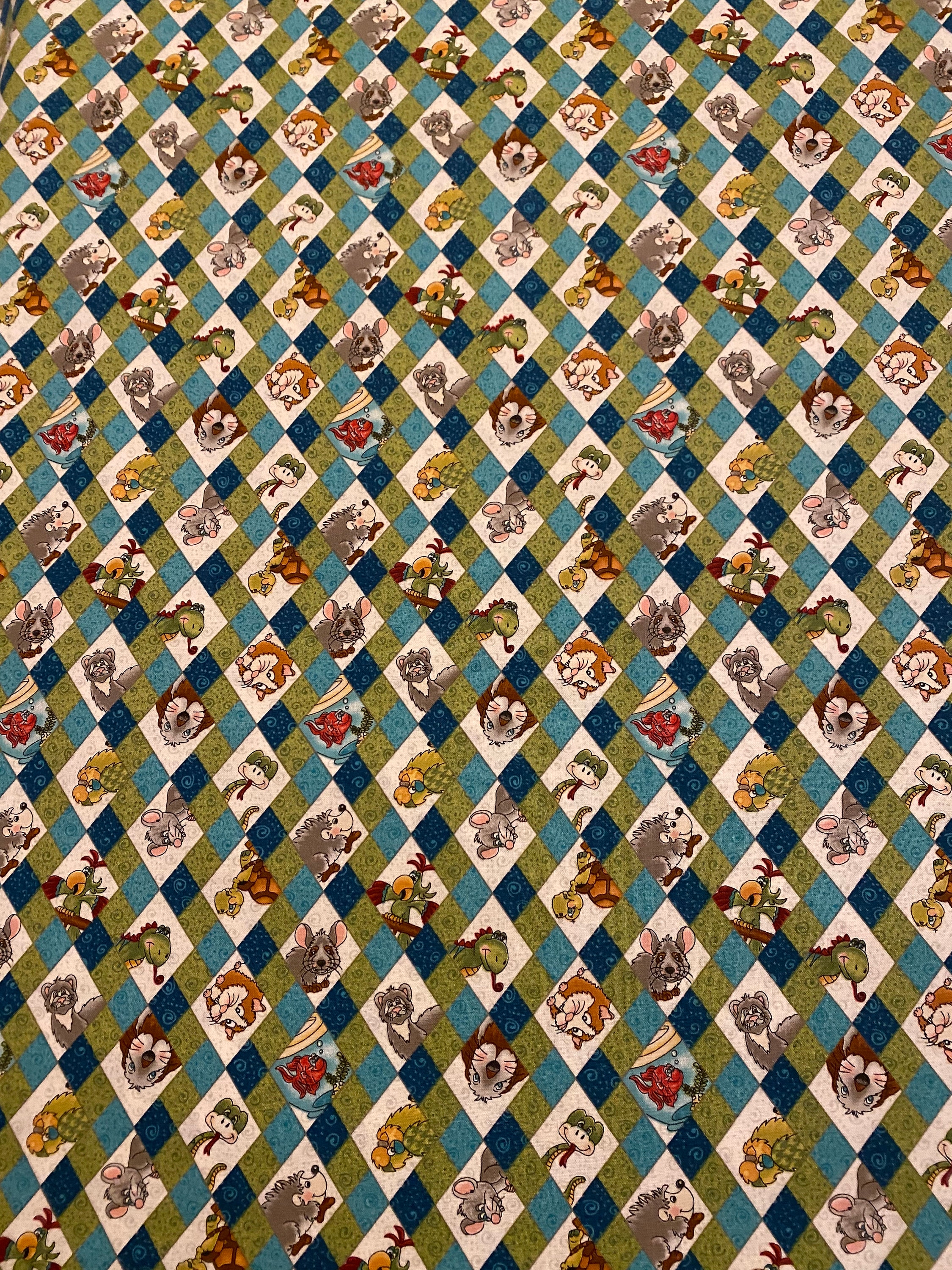 Rescued and Loved Fabric, Rescue Animals, Teal Argyle Fabric, Cotton ...