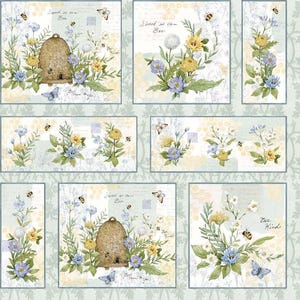 May include: A fabric panel featuring watercolor illustrations of beehives, bees, butterflies, and floral arrangements in shades of yellow, blue, and green. The text "Sweet as can Bee" and "Bee Kind" are visible.
