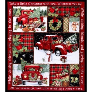 Christmas fabric panel, Vintage Trucks, Christmas Dogs, Red Truck Collage Panel, Cardinals plaids, Dogs snowmen presents, Susan Winget,