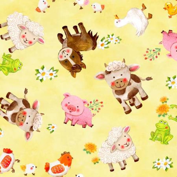baby animal fabric, yellow animals, Wee Ones, Oasis Fabrics,  baby cows, 100% cotton fabric, pigs frogs, lambs,