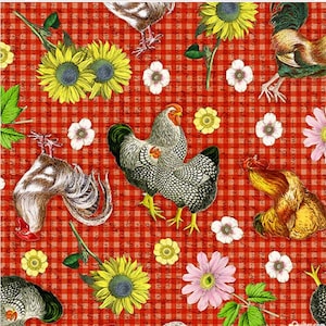 May include: A repeating pattern featuring roosters, sunflowers, and various flowers on a red and white checkered background. The roosters are depicted in shades of brown, gray, and white, with yellow feet. The sunflowers are yellow with dark centers.