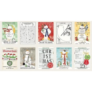 May include: A vintage-style Christmas-themed fabric panel with nine different images. The images feature snowmen, Christmas carols, soap flakes, and a Christmas shopping list. The images are printed on a white background with a distressed look.