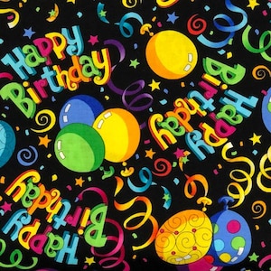 May include: A black background is covered with colorful balloons, ribbons, confetti, and the words "Happy Birthday" in a rainbow of colors. The balloons are blue, green, yellow, and orange, with various patterns. The ribbons and confetti add to the festive design.