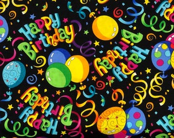 Birthday Fabric, balloons ribbons, Happy Birthday, Hi Fashion fabric, quilting apparel cotton, 100% cotton, confetti, DISCONTINUED