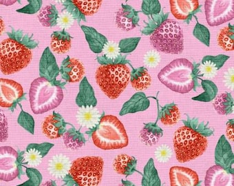 Strawberry fabric, strawberry vines, 3 Wishes Fabric, Pink strawberry fabric, fruit fabric, berries and blooms, Fresh Strawberry,  3W122422