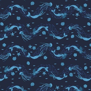 Mermaid fabric, Mermaids in Blue jeans fabric, dark blue mermaids, mermaids all over, Studio E fabric,   quilting apparel cotton,