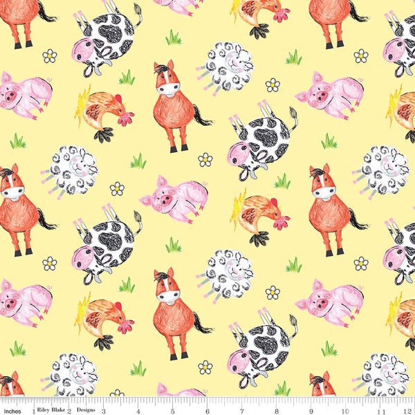 baby animal fabric, Coloring on the Farm, yellow animals, baby cows, cotton fabric, pigs Chickens, Sheep Horses,